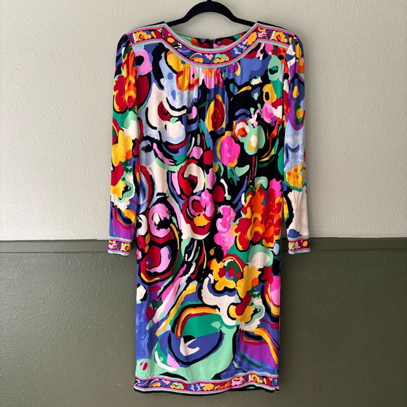 Vintage Leonard Paris Silk Jersey Mikado Midi Floral Dress Size Large - Picture 12 of 12